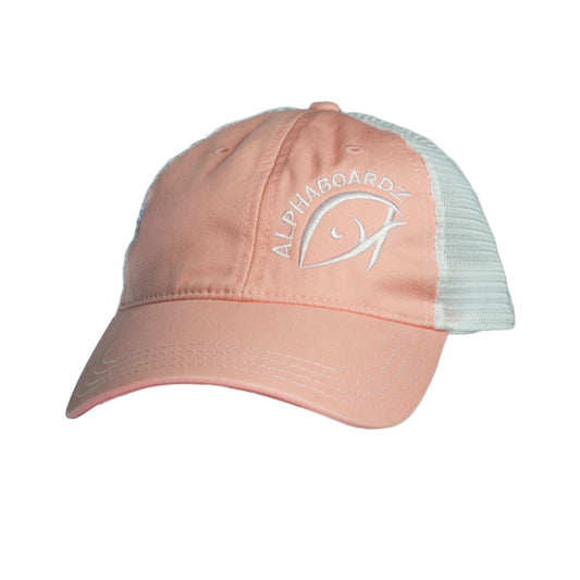 Alphaboardz fishing apparel featuring a 111 pink cap.