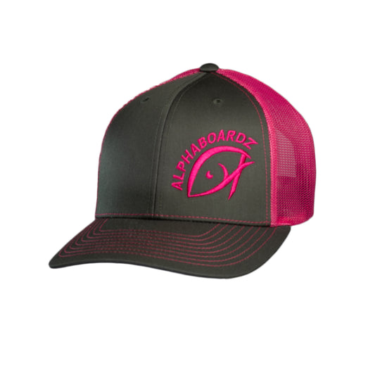 Alphaboardz fishing apparel featuring a 112 neon pink cap.