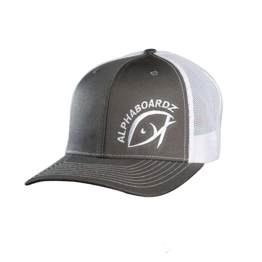 Alphaboardz fishing apparel featuring a 112 charcoal white cap.