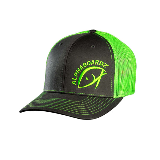 Alphaboardz fishing apparel featuring a 112 neon green cap.