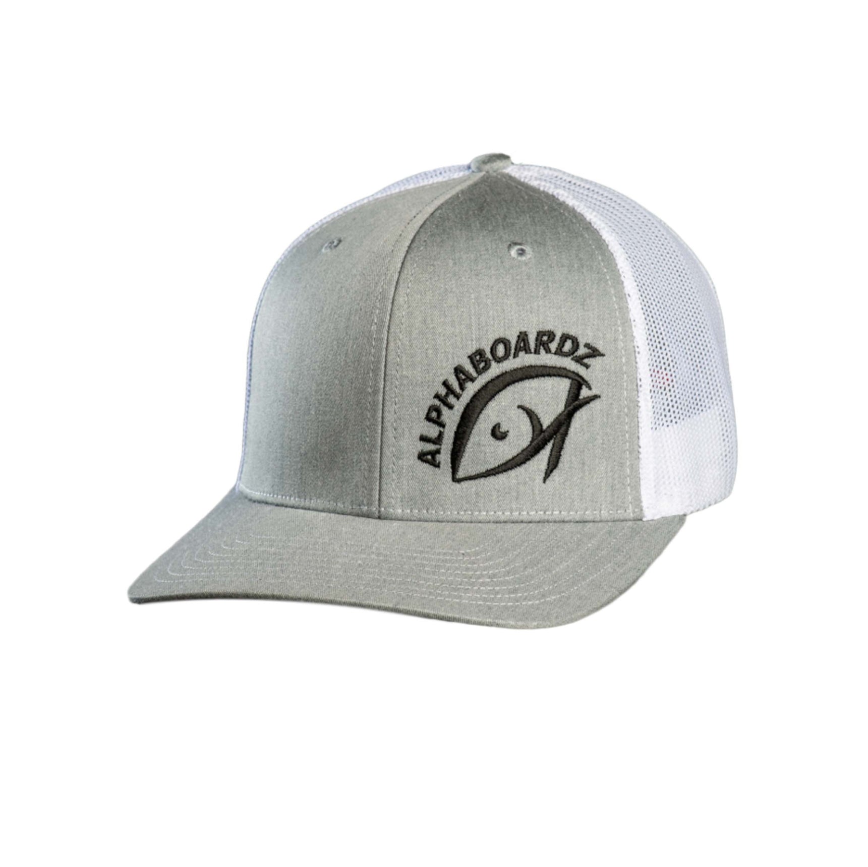 Alphaboardz fishing apparel featuring a 112 gray white cap.