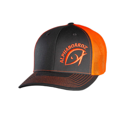 Alphaboardz fishing apparel featuring a 112 neon orange cap.